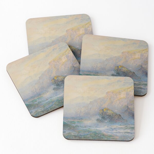 Item preview, Crashing Waves at the Cliffs, Golden Coastal Seascape Watercolor Print designed and sold by Ariadne-Creates.