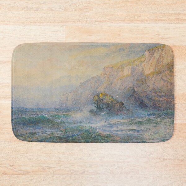 Artikelvorschau, Brechende Wellen an den Klippen, Aquarelldruck einer goldenen Küstenlandschaft entworfen und verkauft von Ariadne-Creates.