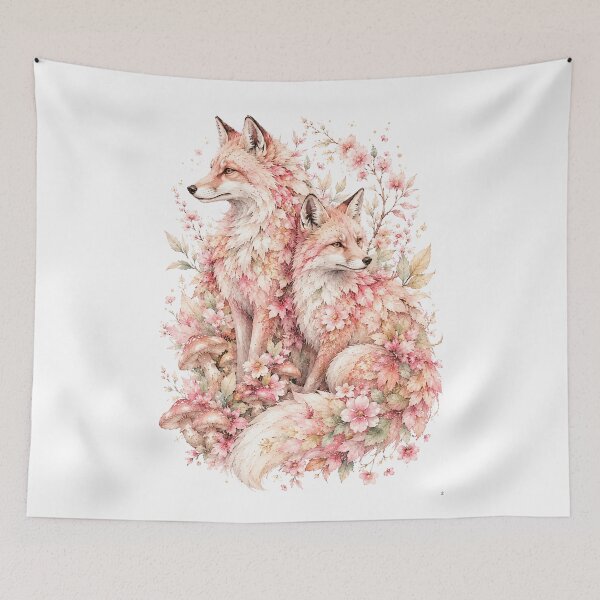 Artikelvorschau, Aquarellbild eines rosa Fuchspaares, romantischer Kirschblütenwald-Druck entworfen und verkauft von Panom Suavichien.