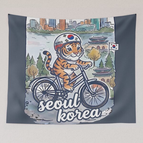 Item preview, Seoul Korea Bicycling Tiger Cute Cyclist Skyline  designed and sold by HowToCanadian.