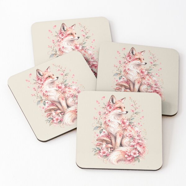 Item preview, Pink Fox Watercolor Art, Whimsical Cherry Blossom Forest Spirit Mushroom Print designed and sold by Panom Suavichien.
