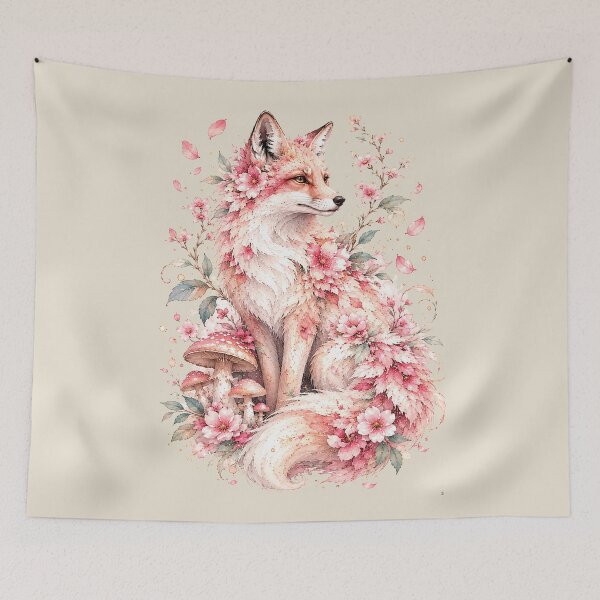 Artikelvorschau, Aquarellkunst mit rosa Fuchs, verspielter Kirschblütenwald-Pilzdruck entworfen und verkauft von Panom Suavichien.