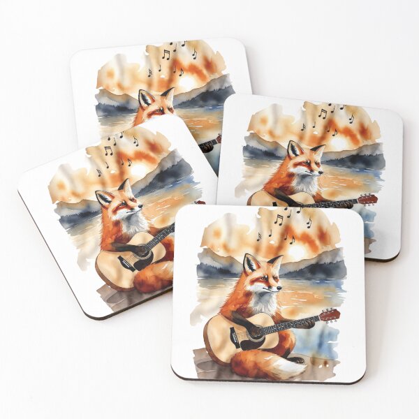 Item preview, Fox Playing Guitar Music Notes Sunset Lake Watercolor  designed and sold by NatureHarmony16.