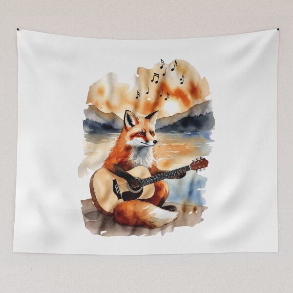 Item preview, Fox Playing Guitar Music Notes Sunset Lake Watercolor  designed and sold by NatureHarmony16.