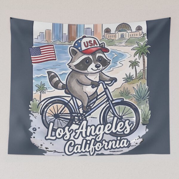 Item preview, Los Angeles California City Bicycling Raccoon Cute Cyclist Skyline  designed and sold by HowToCanadian.