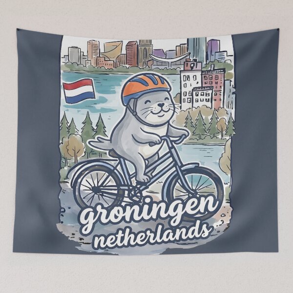 Item preview, Groningen Netherlands Bicycling Seal Cute Cyclist Skyline  designed and sold by HowToCanadian.