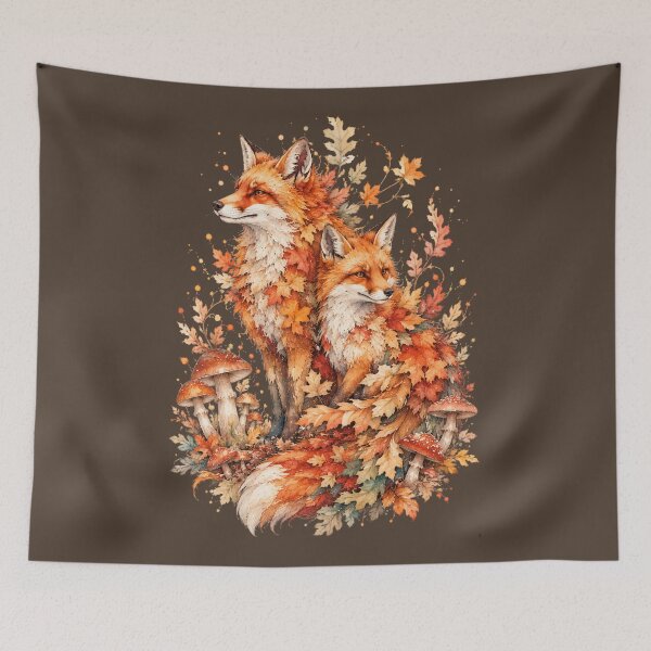Item preview, Autumn Fox Couple Watercolor Art, Whimsical Forest Spirit Fall Mushroom Print designed and sold by Panom Suavichien.