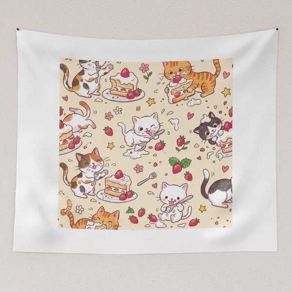 Item preview, Cute Kawaii Cats Eating Strawberry Shortcake Pattern designed and sold by TaiwanMemory.