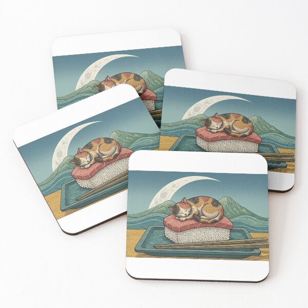 Item preview, Sleeping lucky cat on sushi nigiri with Mount Fuji designed and sold by Shirt-Otakus.