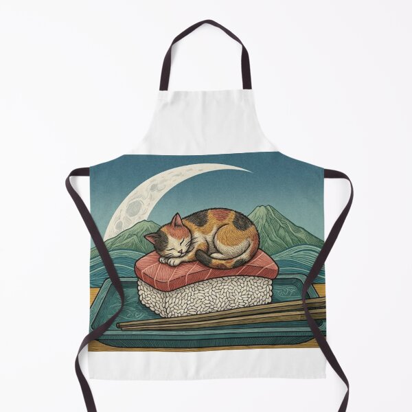 Item preview, Sleeping lucky cat on sushi nigiri with Mount Fuji designed and sold by Shirt-Otakus.