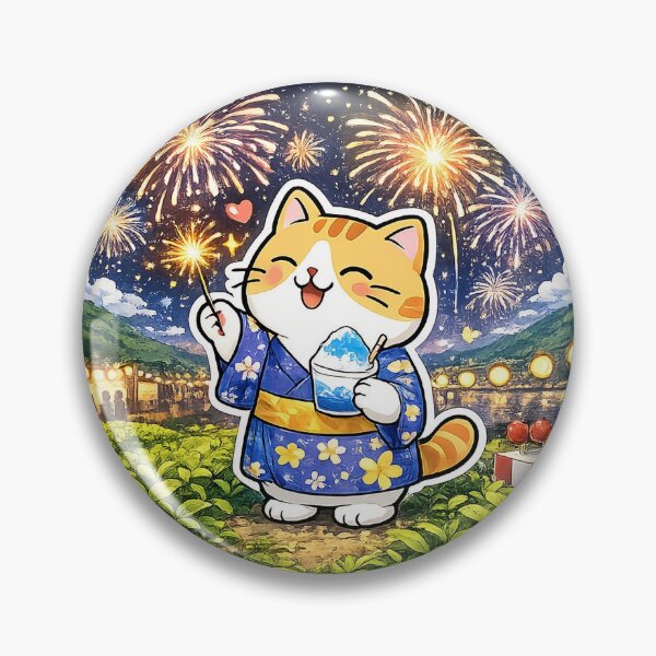 Item preview, Cute Orange Cat Fireworks Festival Kawaii Yukata Ginger Kitty Shaved Ice Illustration designed and sold by NoopnyangStudio.