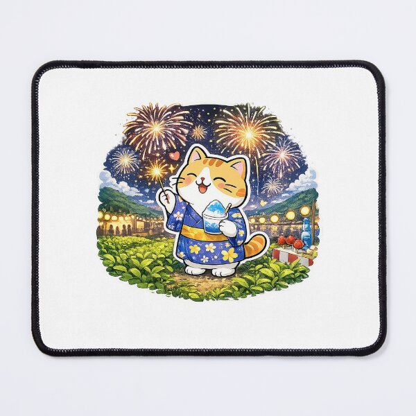 Item preview, Cute Orange Cat Fireworks Festival Kawaii Yukata Ginger Kitty Shaved Ice Illustration designed and sold by NoopnyangStudio.
