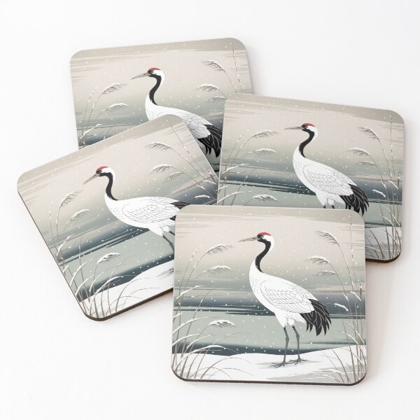 Item preview, Ohara Koson Style Japanese Woodblock Red Crowned Crane Winter Print designed and sold by Tamas Das.