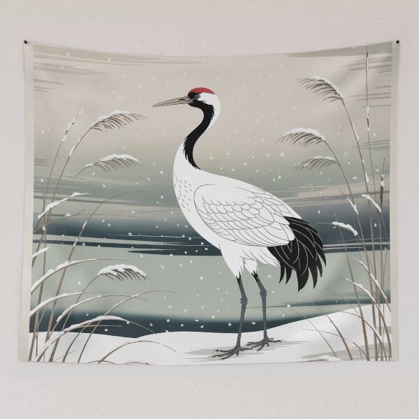 Item preview, Ohara Koson Style Japanese Woodblock Red Crowned Crane Winter Print designed and sold by Tamas Das.