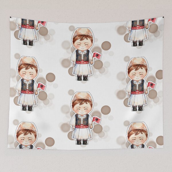 Item preview, Albanian Boy in Traditional Costume Holding Albania Flag designed and sold by iamKRUK.