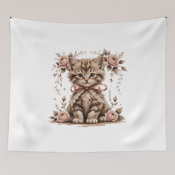 Item preview, Vintage Whimsical Watercolor Fluffy Kitten Pink Ribbon designed and sold by AQUILAKREO.