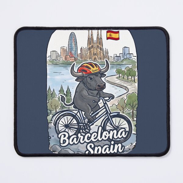 Item preview, Barcelona Spain Bicycling Bull Cute Cyclist Skyline designed and sold by HowToCanadian.