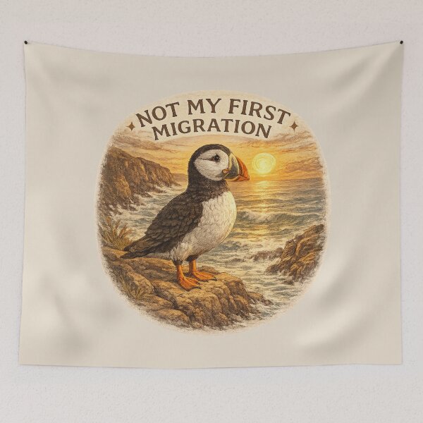 Item preview, Not My First Migration Cliffside Puffin designed and sold by ChirpInc.