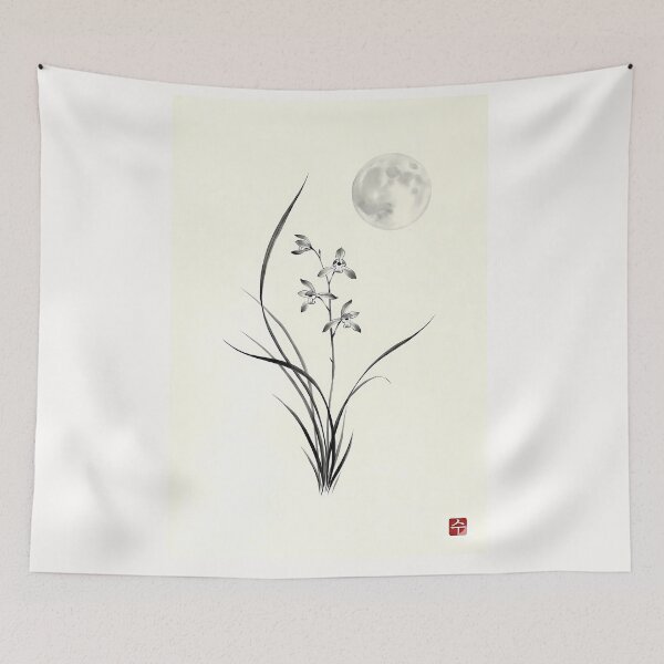 Item preview, Serene Moon & Elegant Ink Orchid - Minimalist Zen Art | SOO studio73 designed and sold by SOOstudio73.