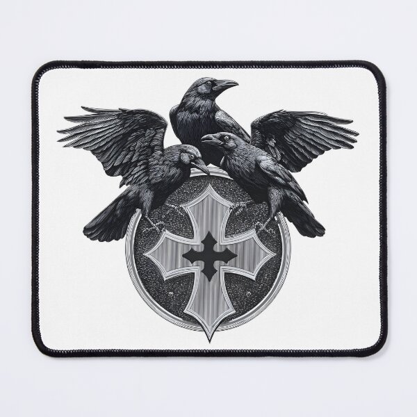 Item preview, Black Ancient Raven Trio Greek Silver Cross Emblem designed and sold by GrinGalore.