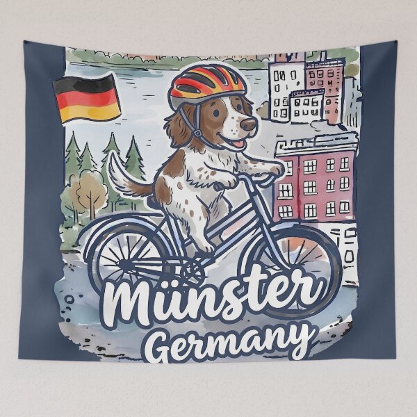 Item preview, Munster Germany Bicycling Münsterländer Dog Cute Cyclist Skyline  designed and sold by HowToCanadian.
