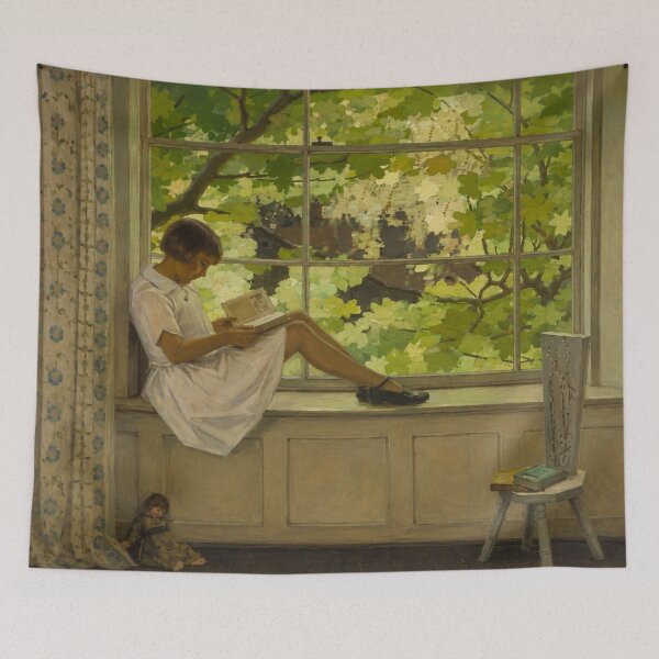 Item preview, Reading on the Windowsill by Garnet Ruskin Wolseley - Vintage Reading Nook Painting Window Scene for Cozy Cottagecore Lovers designed and sold by RickE.