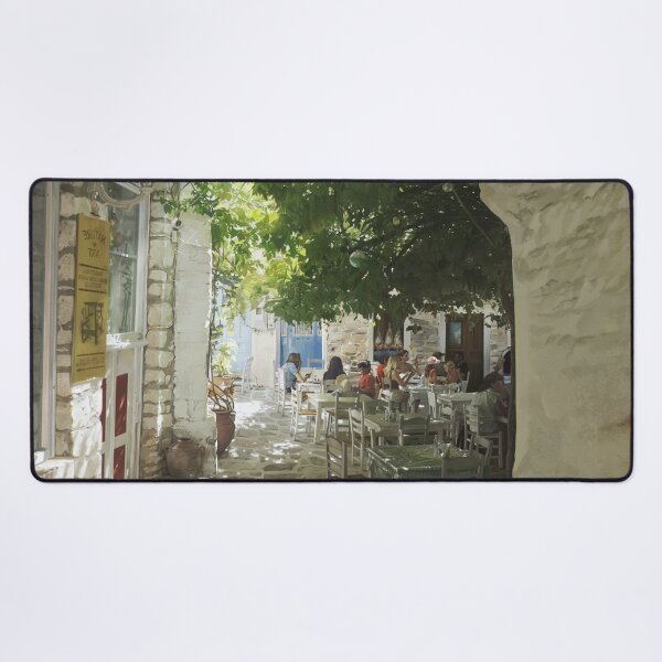 Item preview, Mediterranean Courtyard Café Sunlit Village Painting designed and sold by MatDeskBlue.
