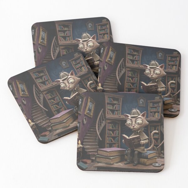 Item preview, Detective Cat reads in the mysterious Dark Academia library designed and sold by Mauswohn.