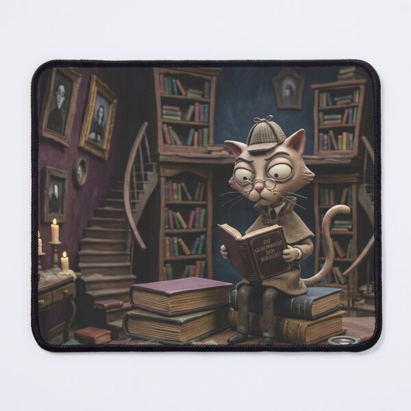 Item preview, Detective Cat reads in the mysterious Dark Academia library designed and sold by Mauswohn.