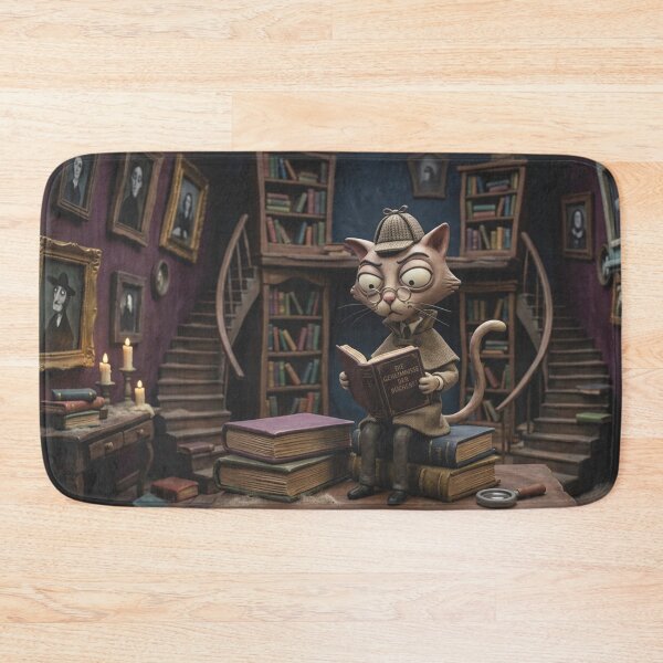 Item preview, Detective Cat reads in the mysterious Dark Academia library designed and sold by Mauswohn.