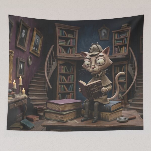 Item preview, Detective Cat reads in the mysterious Dark Academia library designed and sold by Mauswohn.