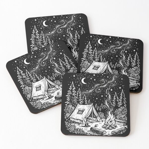 Item preview, Starry Night Camping Campfire Linocut designed and sold by TeNovaStudio.