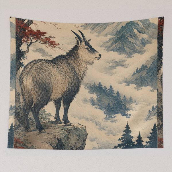 Aperçu de l'œuvre Serow de la brume - Estampe japonaise ancienne Ukiyo-e représentant la faune sauvage créée et vendue par bapupa.