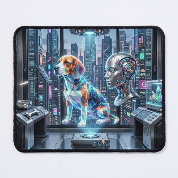 Item preview, Holographic Dog and AI Robot in a Futuristic Cyberpunk Laboratory designed and sold by xsctasy.