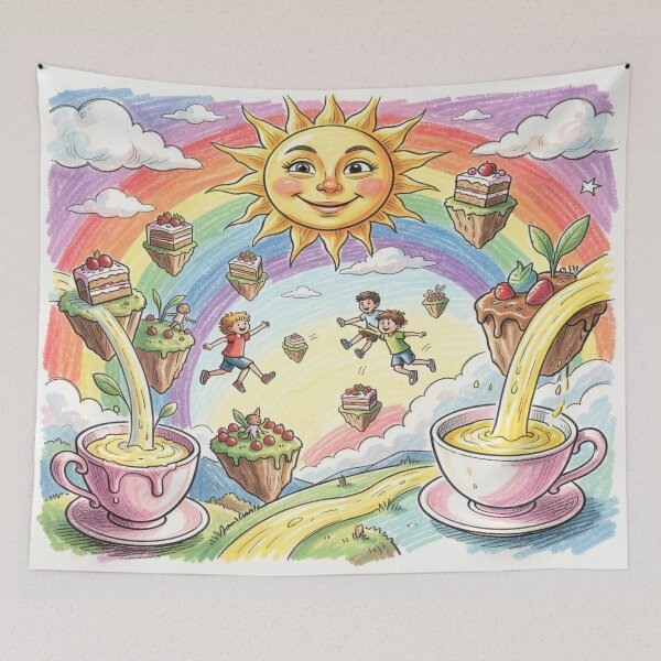 Item preview, Children float in a rainbow sky between islands of cake and flowing lemonade magic. designed and sold by FotoworldEdel.