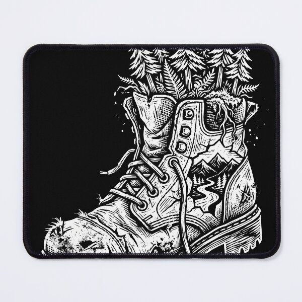 Item preview, Wilderness Hiking Boot Forest Landscape Linocut designed and sold by TeNovaStudio.