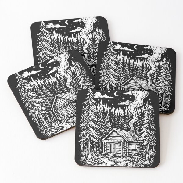Item preview, Starry Night Pine Forest Log Cabin Linocut designed and sold by TeNovaStudio.