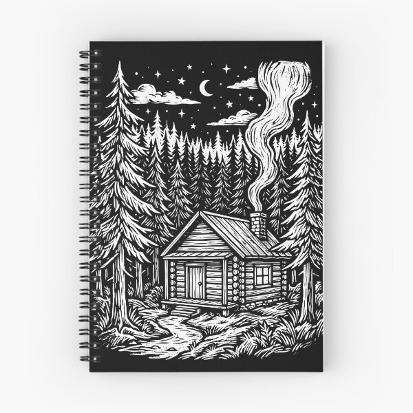 Item preview, Starry Night Pine Forest Log Cabin Linocut designed and sold by TeNovaStudio.