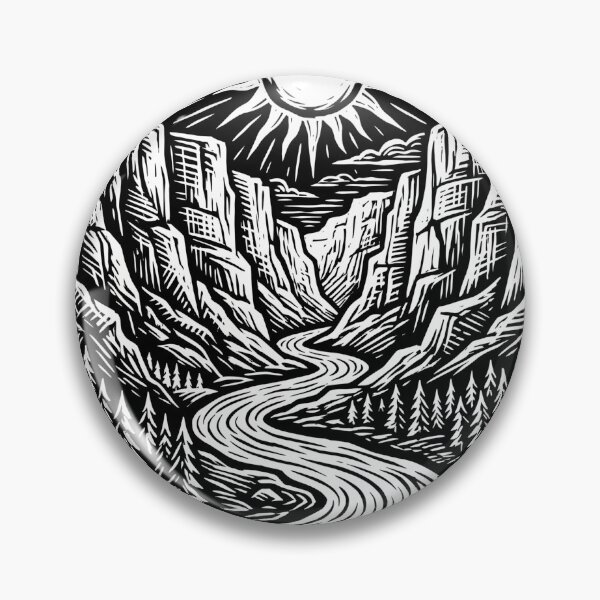 Item preview, Vintage Linocut River Canyon Landscape Badge designed and sold by TeNovaStudio.