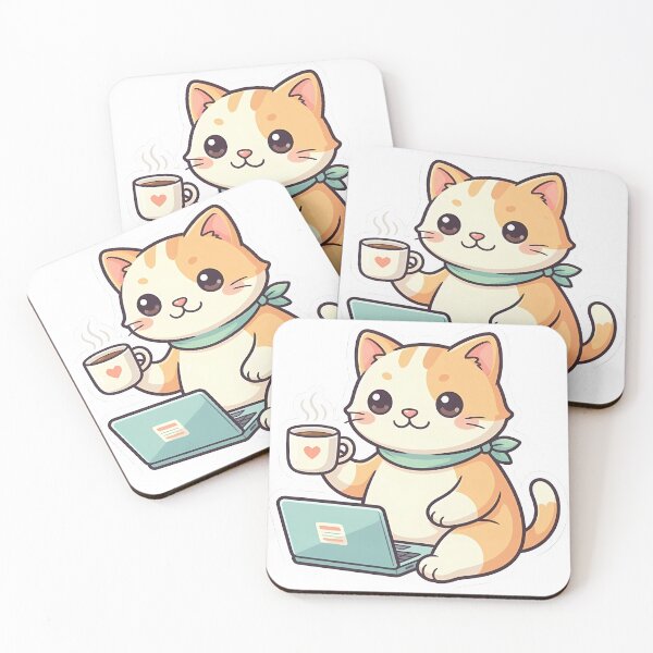 Item preview, Cute Kawaii Cat Working on Laptop with Coffee designed and sold by YALLABUY.