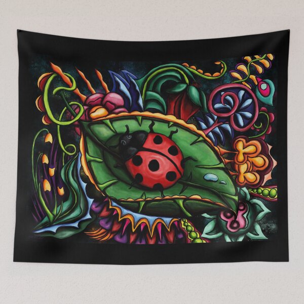 Item preview, Red ladybug on a green leaf, whimsical garden abstract art designed and sold by NadiaChevrel.