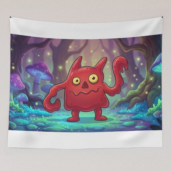 Item preview, A cute, red monster exploring a glowing magical forest designed and sold by AirCrayons27.