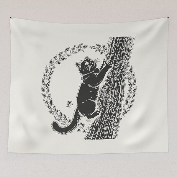 Item preview, Cat Climbing Tree with Wreath - Black Silhouette designed and sold by sxtfejvseyn.