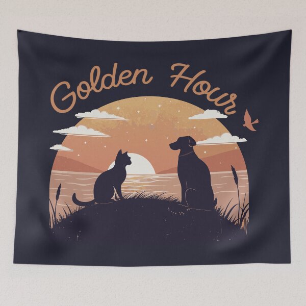 Item preview, Vintage Golden Hour Dog and Cat Silhouette Retro Sunset Ocean Landscape Art designed and sold by Ahmed-khafagy.
