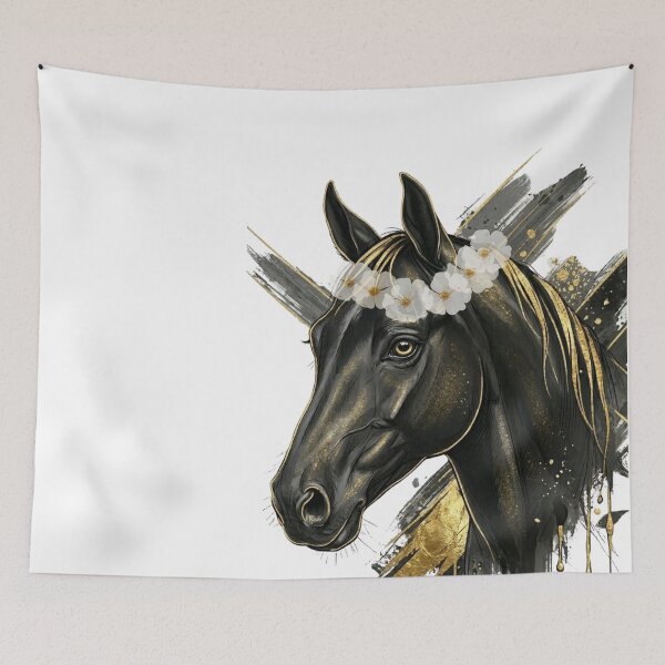 Item preview, Black Horse Golden Floral Crown Art designed and sold by OneCklick.