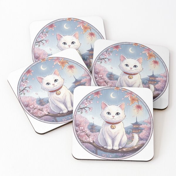 Item preview, Sakura White Cat Japanese Night Circular Illustration designed and sold by SakuraNekoCo.