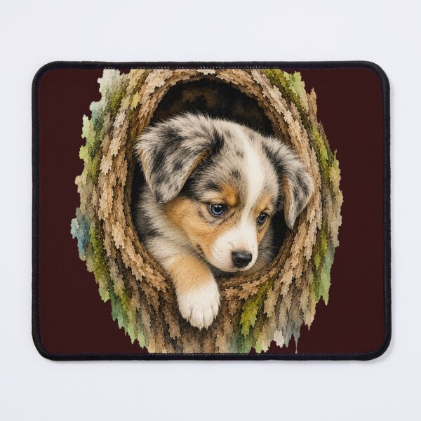 Item preview, Curious Baby Australian Shepherd in Tree Hollow Watercolor Art designed and sold by SimpliVibe.