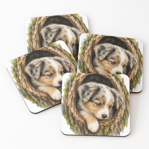 Item preview, Curious Baby Australian Shepherd in Tree Hollow Watercolor Art designed and sold by SimpliVibe.