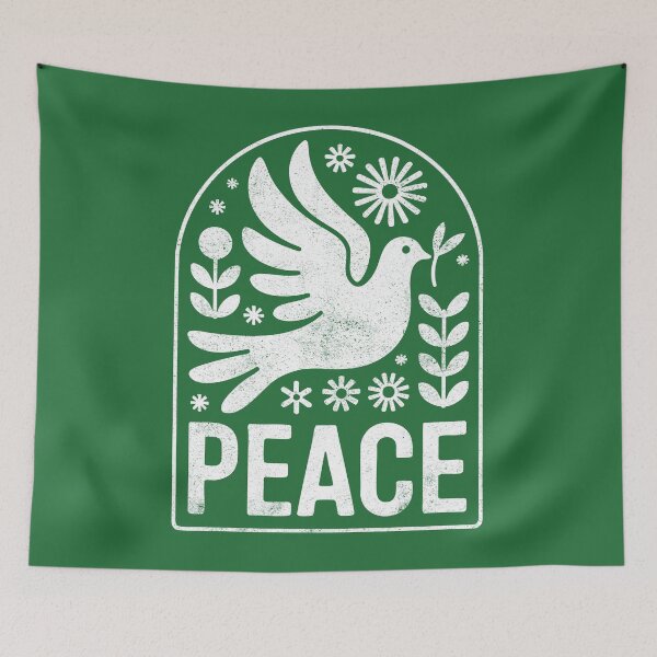 Item preview, The word Peace Dove Retro Folk Art Flower Design in White designed and sold by Altered Pixels.
