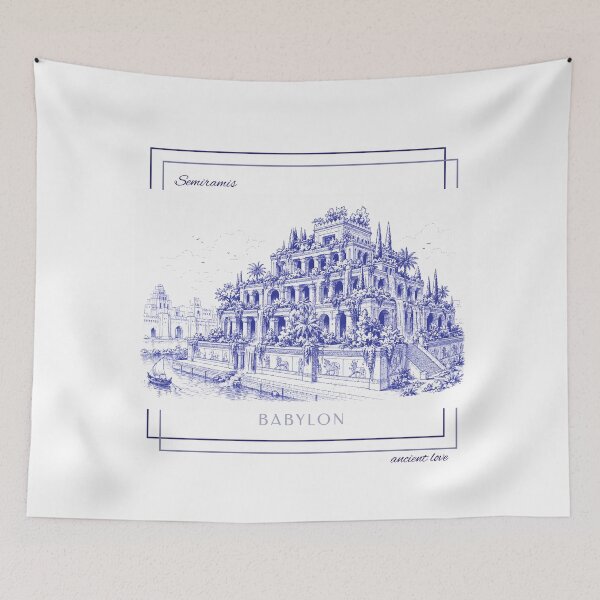 Item preview, Hanging Gardens of Babylon (Semiramis) | Vintage Blue Ink Pen Drawing designed and sold by ValMaDesign.